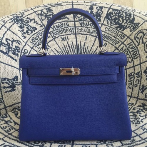 Hermes Kelly 28cm Bag Togo Leather Electric Blue Silver