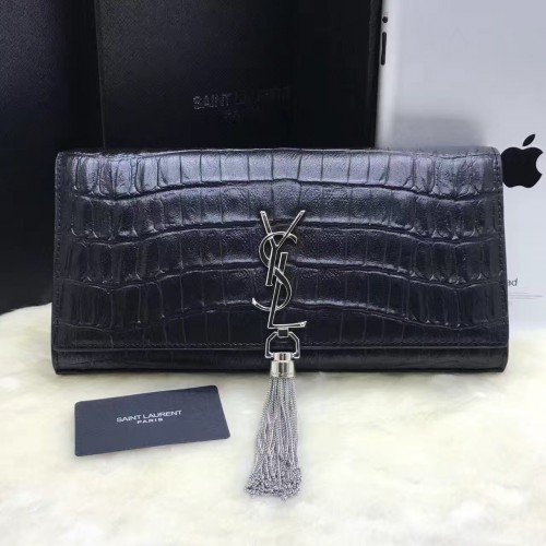 YSL Tassel Clutch 27cm Croco Leather Black Silver