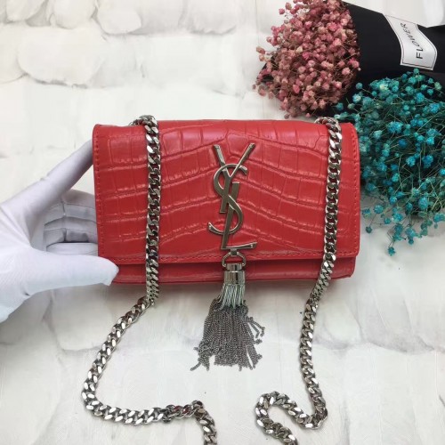 YSL Tassel Chain Bag 17cm Croco Red Silver