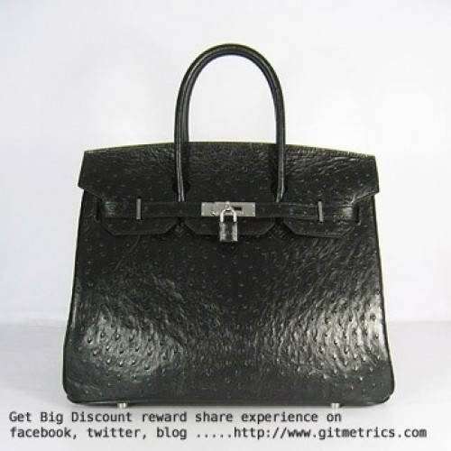 Hermes Birkin 35cm Ostrich Veins Handbags black silver