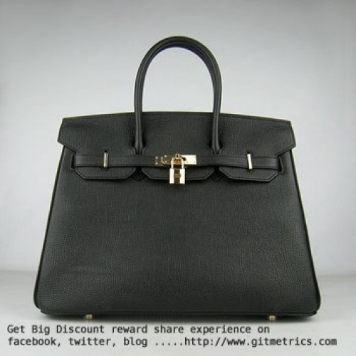 Hermes Birkin 35cm cattle skin vein Handbags black golden