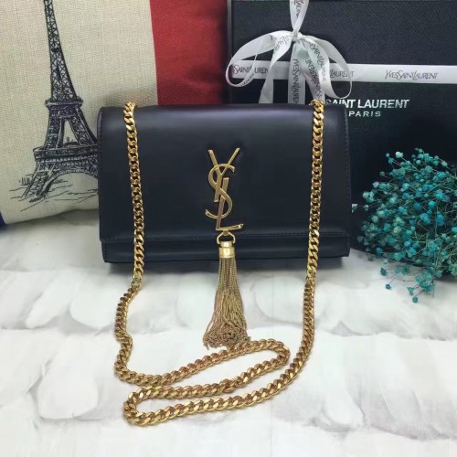 YSL Tassel Chain Bag 22cm Smooth Leather Black Gold