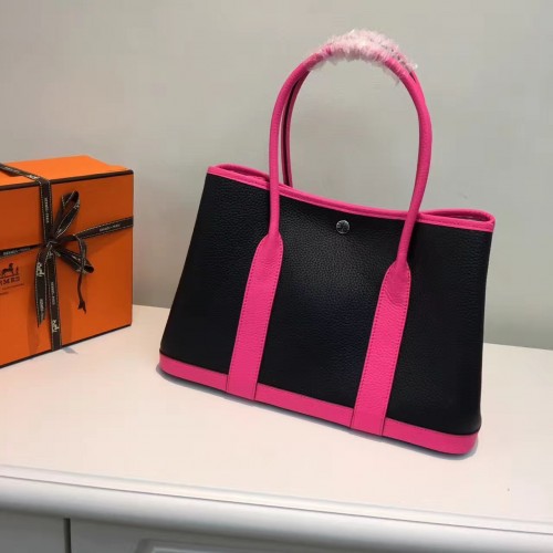 Hermes Garden Party 36cm Leather Handbag Black Hot Pink