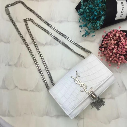 YSL Tassel Chain Bag 17cm Croco White Silver