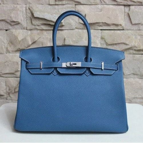 Hermes Birkin 35cm Togo leather Handbags blue silver