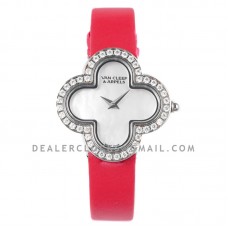 Alhambra Watch 30.2mm MOP Dial in Steel with Diamond on Pink Strap Alhambra Watch 30.2mm MOP Dial in Steel with Diamond on Pink Strap
