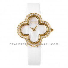 Alhambra Watch 30.2mm MOP Dial in Yellow Gold with Diamond in White Strap Alhambra Watch 30.2mm MOP Dial in Yellow Gold with Diamond in White Strap