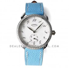 Arceau Petite White Dial in Steel with Diamond Bezel on Light Blue Epsom Leather Strap