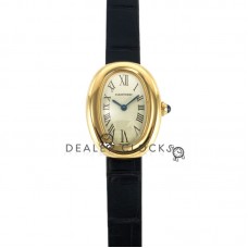 Baignoire Watch Mini Silver Dial in Yellow Gold on Black Leather Strap