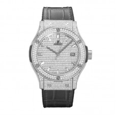 Classic Fusion Automatic 42mm Diamond Paved Dial in Steel on Black Leather Strap