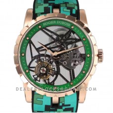Excalibur Spider Skeleton Flying Tourbillon in Rose Gold with Green/Black Rubber Strap