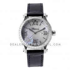 Happy Sport Automatic 33mm MOP Dial with Diamond Bezel in Steel on Black Leather Strap