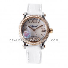 Happy Sport Automatic 33mm MOP Dial with Diamond Bezel in Steel/Rose Gold on White Leather Strap