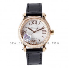 Happy Sport Automatic 33mm White Dial with Diamond Bezel in Rose Gold on Black Leather Strap