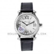 Happy Sport Automatic 33mm White Dial with Diamond Bezel in Steel on Black Leather Strap