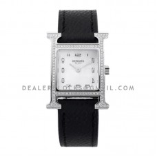 Heure H 21mm MOP Dial in Steel with Diamond Bezel on Black Epsom Leather Strap