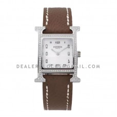 Heure H 21mm MOP Dial in Steel with Diamond Bezel on Dark Brown Espom Leather Strap