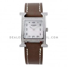 Heure H 21mm MOP Dial in Steel with Diamond Bezel on Dark Brown Leather Strap