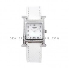Heure H 21mm MOP Dial in Steel with Diamond Bezel on White Epsom Leather Strap