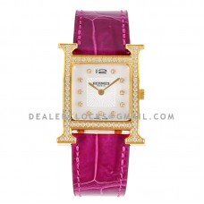 Heure H 26mm MOP Dial in Yellow Gold on Pink Leather Strap Heure H 26mm MOP Dial in Yellow Gold on Pink Leather Strap