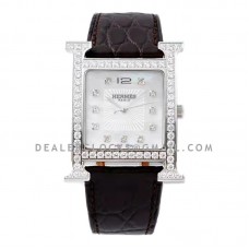 Heure H MOP Dial in Steel with Diamond Bezel on Dark Brown Leather Strap