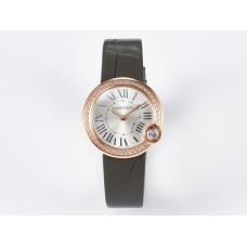 Ballon Blanc De Cartier 30mm RG DRF 1:1 Best Edition Silvered Texture Dial Diamonds Bezel on Green Leather Strap Ronda Quartz