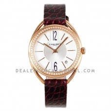 Liens Lumiere White Dial in Rose Gold with Diamond Bezel on Brown Strap