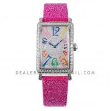 Long Island 952QZ Diamond Paved Dial with Colourful Markers on Pink Leather Strap