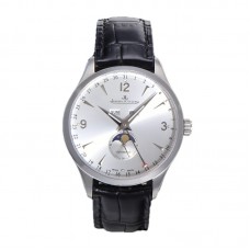 Master Calendar Silver Dial in Steel on Black Leather Strap