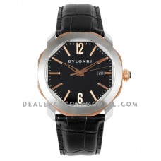 Octo Solotempo Black Dial in Steel/Rose Gold on Black Leather Strap