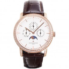 Patrimony Perpetual Calendar Ultra-Thin White Dial in Pink Gold with Diamond Bezel