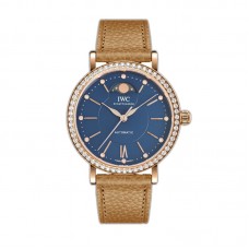 Portofino IW6596 Automatic Moon Phase 37 Blue Dial in Rose Gold on Brown Leather Strap