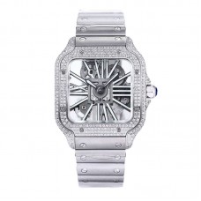 Santos De Cartier Watch Skeleton Dial White Marker with Diamond Bezel in Steel