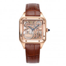 Santos-Dumont (Large) Skeleton Watch in Rose Gold on Brown Leather Strap