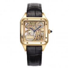 Santos-Dumont (Large) Skeleton Watch in Yellow Gold on Black Leather Strap