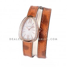 Serpenti White Dial in Rose Gold with Diamond Bezel on Brown Double Wrap Leather Watch