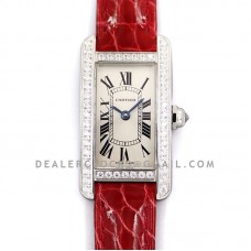 Tank Americaine Watch 19mm White Dial with Diamond Bezel in Steel on Red Alligator Strap