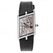 Tank Asymetrique Watch on Steel in Black Leather Strap