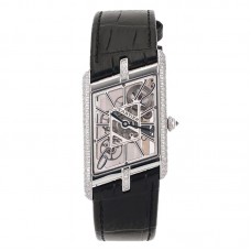 Tank Asymetrique Watch with Diamond Bezel on Steel in Black Leather Strap