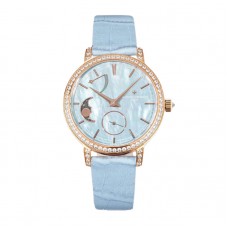 Traditionelle Moon Phase Blue MOP Dial with Diamond Bezel in Pink Gold on Blue Leather Strap