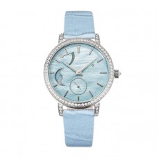 Traditionelle Moon Phase Blue MOP Dial with Diamond Bezel in White Gold on Blue Leather Strap