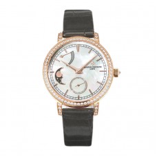 Traditionelle Moon Phase MOP Dial with Diamond Bezel in Pink Gold on Black Leather Strap
