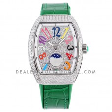 Vanguard Moonphase V32 Diamond Paved Dial with Colourful Markers on Green Strap