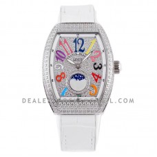 Vanguard Moonphase V32 Diamond Paved Dial with Colourful Markers on White Strap
