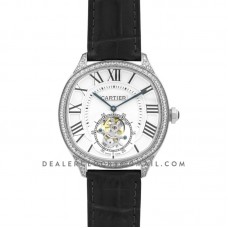Drive de Cartier Tourbillon White Dial with Diamond Bezel in White Gold on Black Leather Strap