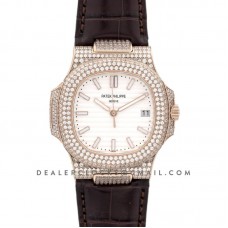 Nautilus Jumbo 5711 White Dial in Rose Gold with Paved Diamonds on Strap