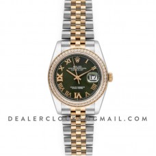 Datejust 36 126283RBR Olive Green Dial in Yellow Gold and Steel with Diamond Set Bezel and Diamond Roman Numerals Markers