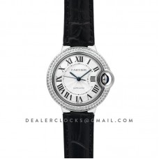 Ballon Bleu De Cartier 36mm Silver Dial with Diamond Bezel in Steel on Black Leather Strap