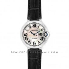 Ballon Bleu De Cartier 33mm White Mother Of Pearl Dial in Steel on Black Leather Strap