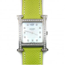 Heure H Steel with Diamond Bezel and Markers on Green Epsom Leather Strap Heure H Steel with Diamond Bezel and Markers on Green Epsom Leather Strap